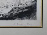 a black and white drawing of a mountain with a sky background