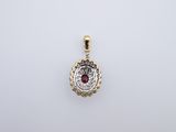 a gold pendant with a red stone in the center