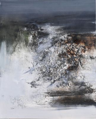 an abstract painting of a tree in the middle of a body of water