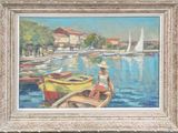 un tableau représentant un homme assis sur un bateau à l'eau