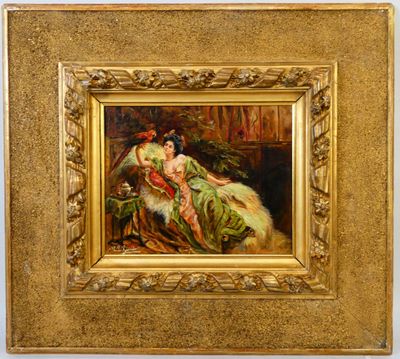 un tableau représentant une femme en robe verte assise sur une chaise