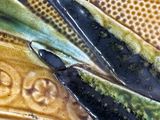 a close up of a plate with different types of fish