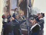 painting of a group of people on a train with a man on the platform