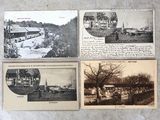 plusieurs vieilles cartes postales représentant différents types de bâtiments, accrochées à un mur
