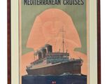 an old poster of a ship in the ocean with a man on it