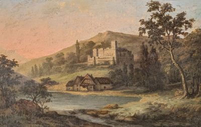tableau représentant un château sur une colline, avec une rivière au premier plan et des arbres au premier plan