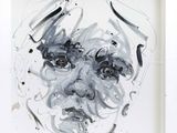 painting of a black and white portrait of a man ' s face in a white frame