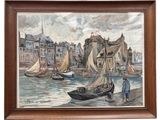 painting of a man standing on a dock next to a boat