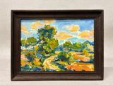 une peinture à l'huile représentant un paysage avec des arbres et un chemin de terre