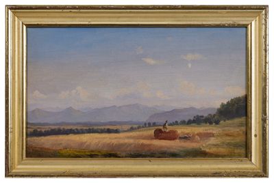 une peinture à l'huile représentant un paysage avec un homme à cheval dans un champ