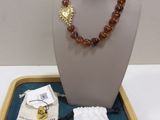 a necklace on a display with a bag of jewelry