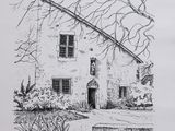 an ink drawing of a house with a bench in front of it