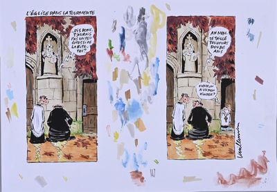 two cartoon pictures of a man and a woman sitting in front of a building