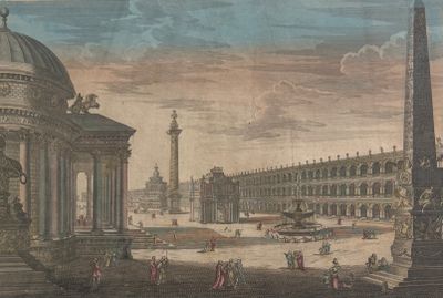 a drawing of a large building with a clock tower in the background