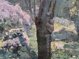 an oil painting of a tree in a grassy area with pink flowers