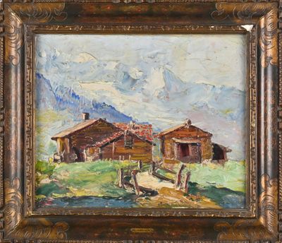 an oil painting of a farm scene with two barns and a fence
