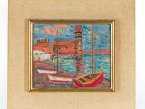 an oil painting of boats in a harbor with a lighthouse in the background