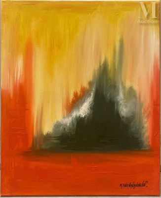 une peinture abstraite représentant une montagne avec un ciel rouge en arrière-plan