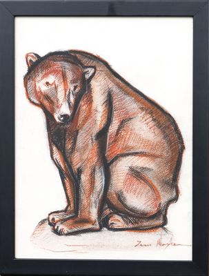 tableau représentant un ours brun assis par terre devant un fond blanc