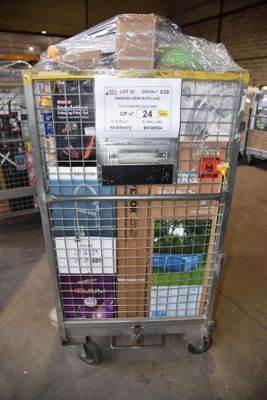 a cart with a lot of items in it in a warehouse