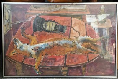 une photo d'un tableau représentant un chien allongé sur une table