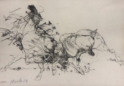 un dessin représentant un homme à cheval qui tombe par terre