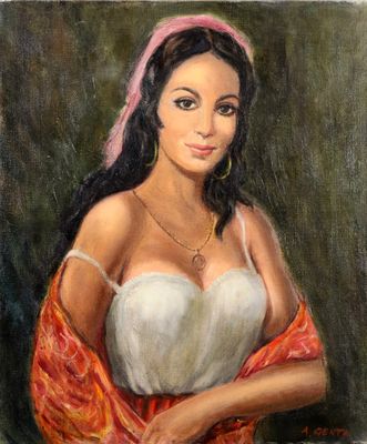 une peinture à l'huile représentant une femme vêtue d'une robe rouge et blanche