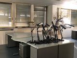 une salle où se trouvent plusieurs bureaux et chaises