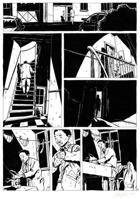une image en noir et blanc tirée d'une bande dessinée, représentant un homme sur le seuil d'une porte