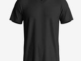 a black t - shirt with a v neck and short sleeves