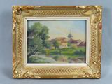 an image of a painting of a church on a hill