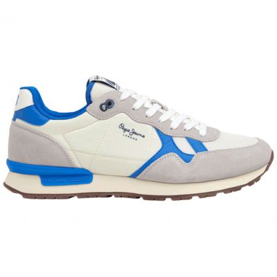 a white and blue sneaker with blue trimmings