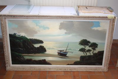 a painting of a boat on the beach by the water