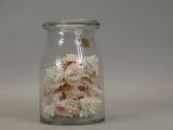 a glass jar filled with shells on a white surface