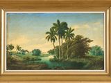 un tableau représentant un paysage tropical avec des palmiers et un plan d'eau