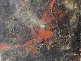 abstract painting of a red and black fish on a black background