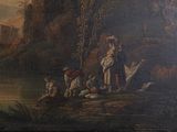 a painting of a group of people by a river
