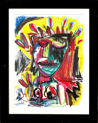 framed and matted print of a colorful abstract painting of a man ' s face