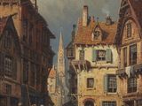 tableau représentant une scène de rue avec des personnages et des bâtiments en arrière-plan