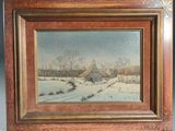 un tableau représentant un paysage enneigé avec une grange en arrière-plan