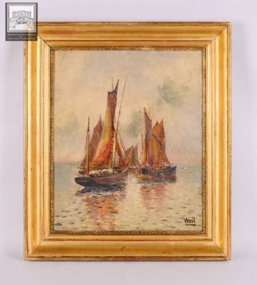 un tableau représentant trois bateaux sur l'eau, avec le ciel en arrière-plan