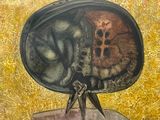 une peinture représentant un crâne et un crâne humain posé sur un rocher