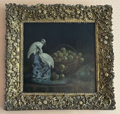 a picture of a painting of a bird and a basket of fruit