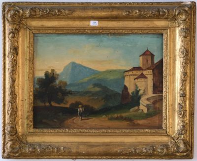 une peinture à l'huile représentant un paysage avec une église et un homme à cheval
