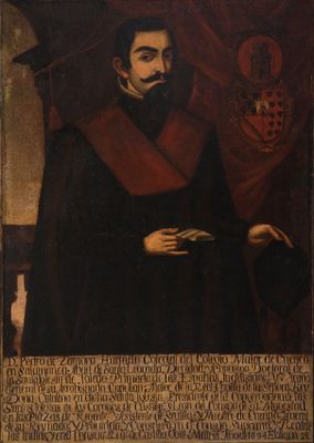 un vieux tableau représentant un homme vêtu d'une robe noire et d'un col rouge