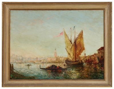 an oil painting of a boat in a body of water with a city in the background