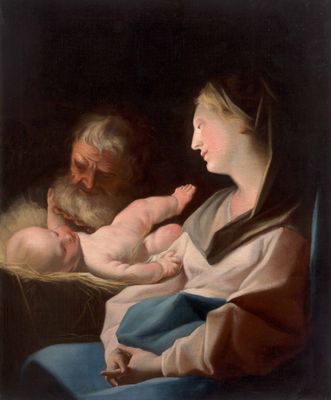 une image représentant un tableau où l'on voit un homme tenant un bébé dans une crèche