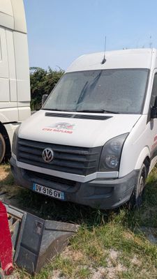 a van that is parked in the grass next to a fire hydrant