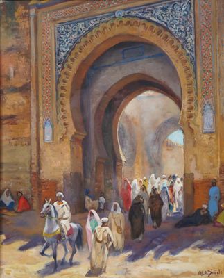 an oil painting of a group of people riding horses in front of a building