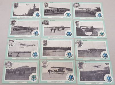 several old black and white photos of airplanes and people on a table